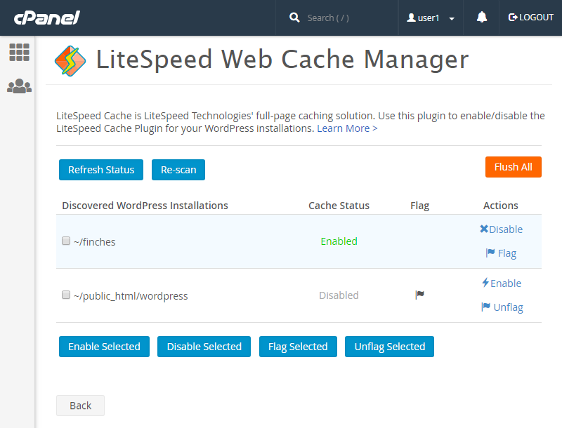 !User-end CPanel Plugin "LiteSpeed Web Cache Manager" Page