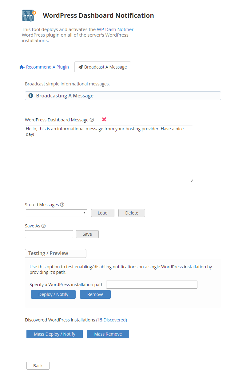 !WHM Plugin "WordPress Dashboard Notification" Page With "Broadcast A Message" Tab Selected