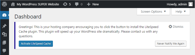 !Example "Recommend A Plugin" Dash Notifier Message In WordPress Dashboard When Site Has The Plugin Deactivated
