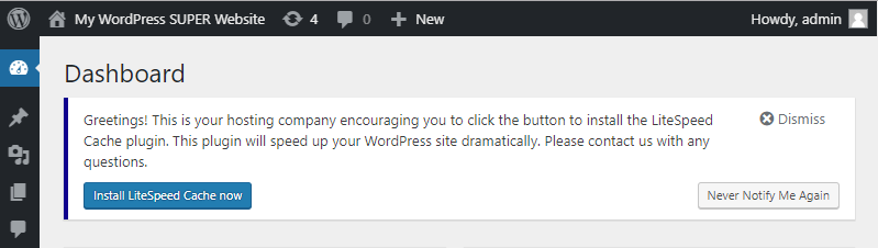 !Example "Recommend A Plugin" Dash Notifier Message In WordPress Dashboard When Site Does Not Have The Plugin Installed