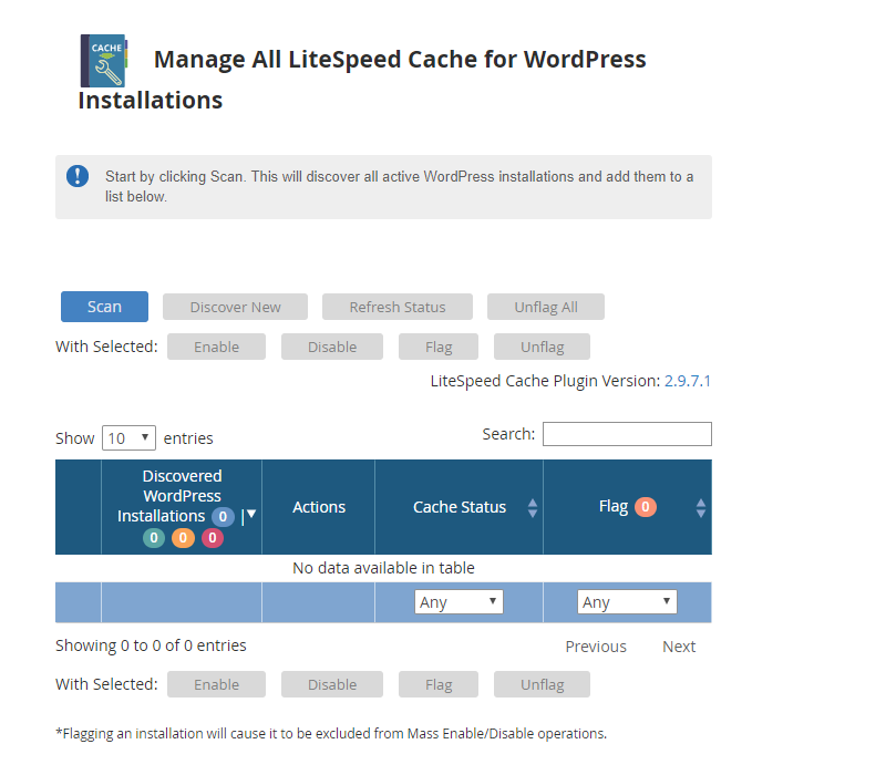 !WHM Plugin "Manage All LiteSpeed Cache For WordPress Installations" Page Before Performing An Initial Scan