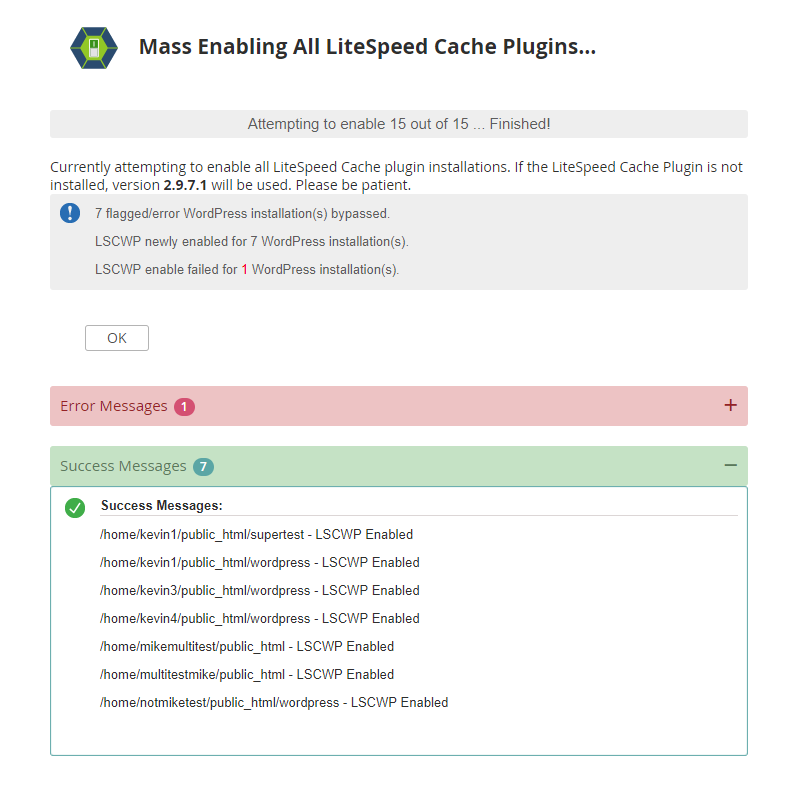 !WHM Plugin "Mass Enabling All LiteSpeed Cache Plugins..." Result Page